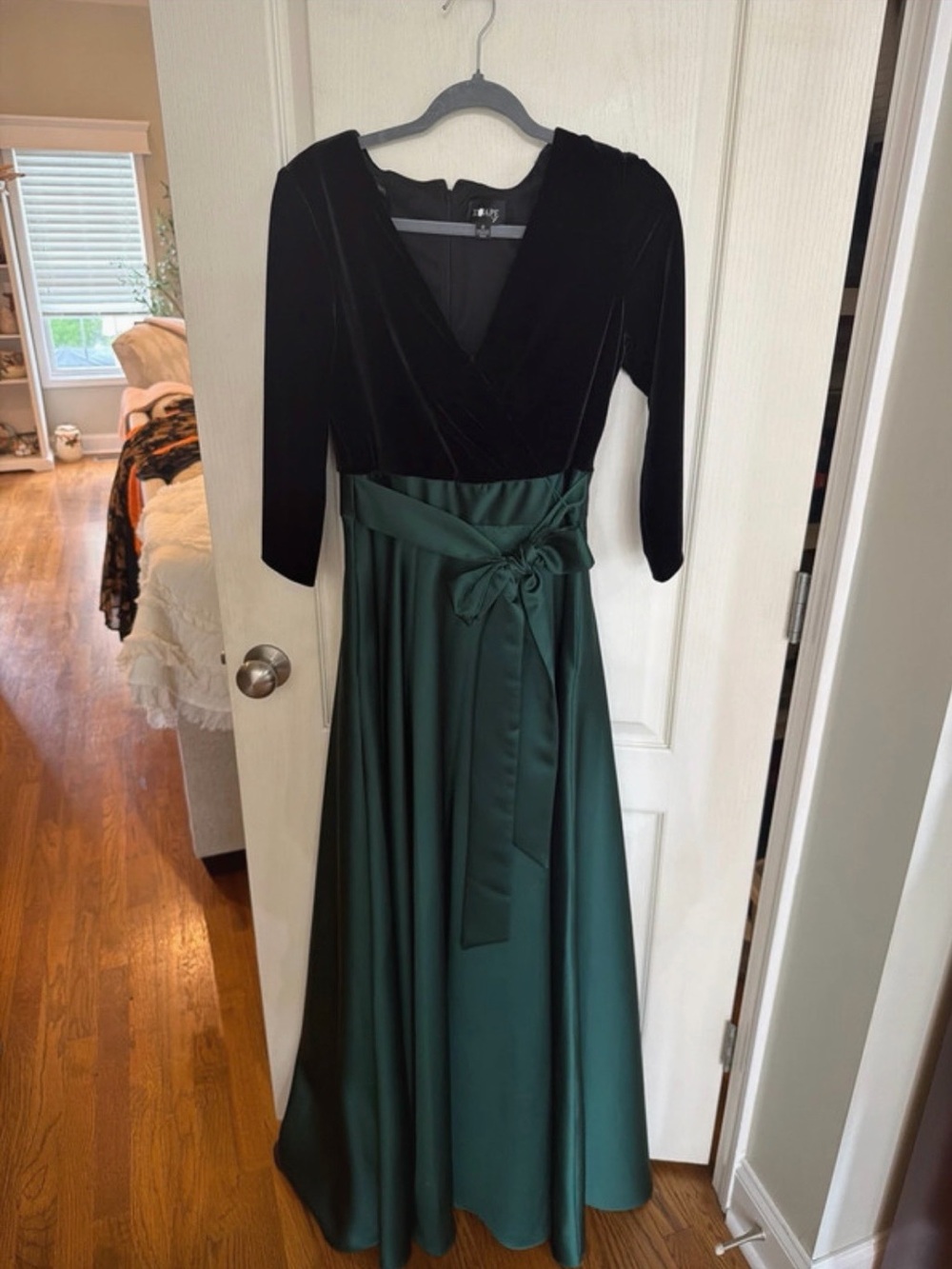 Xscape Emerald Green Velvet Bodice with Forest Green Satin Maxi Dress